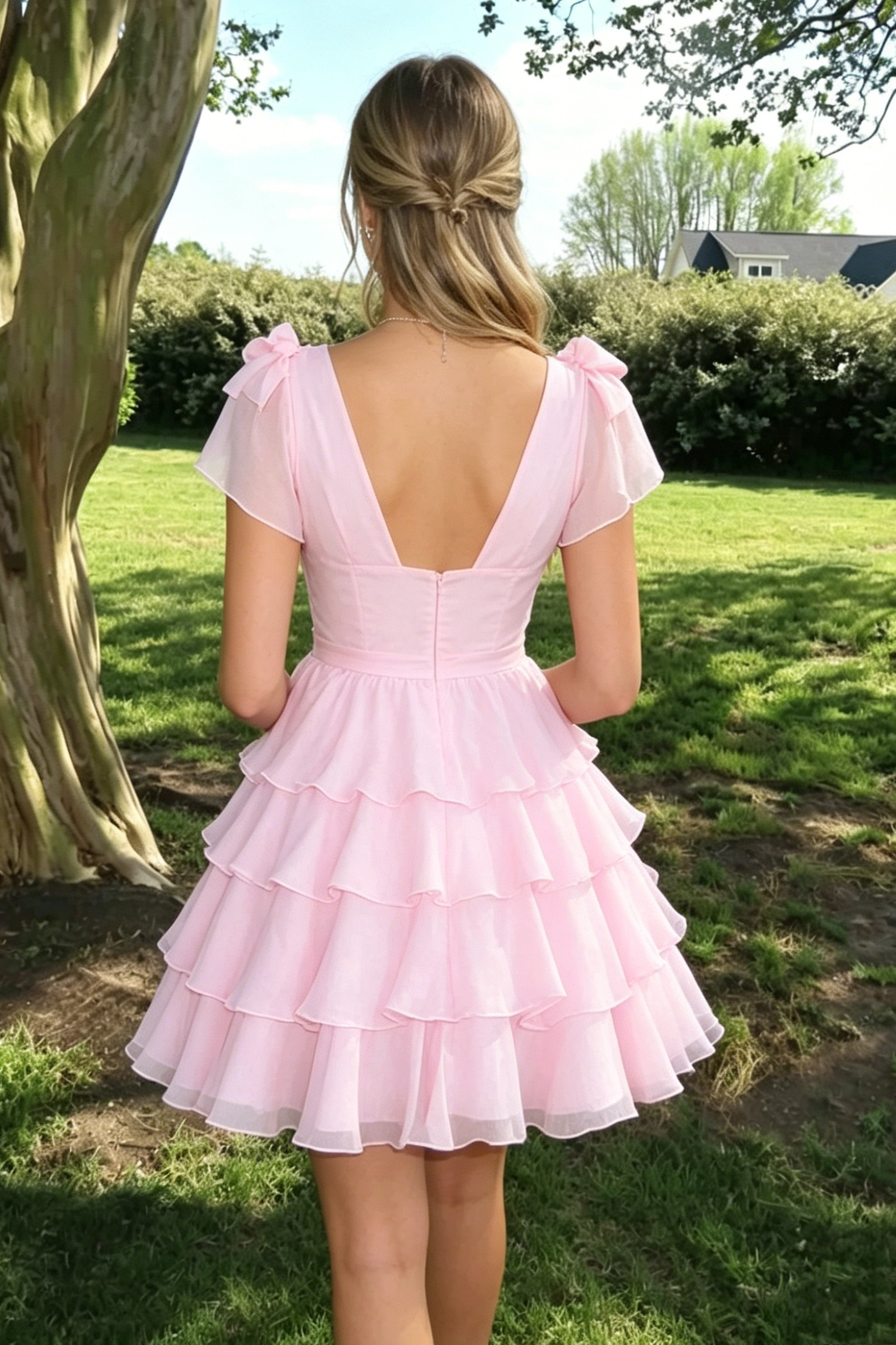 V-Neck Short Sleeves Chiffon A-Line Tiered Homecoming Dress With Bows