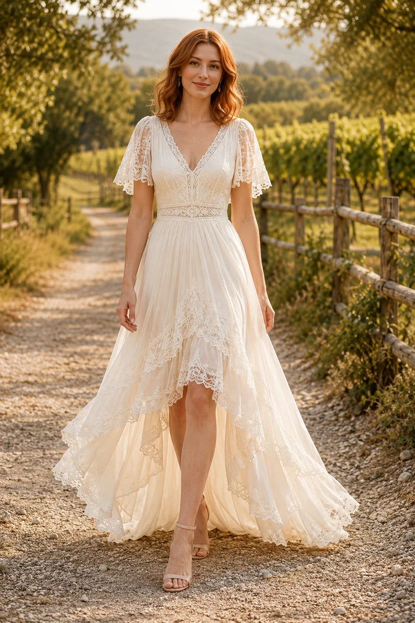 V-Neck Short Sleeves Empire A-Line Chiffon High-Low Lace Ruffle Wedding Dress