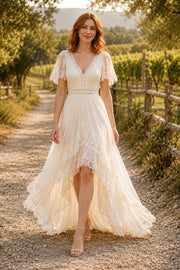 V-Neck Short Sleeves Empire A-Line Chiffon High-Low Lace Ruffle Wedding Dress