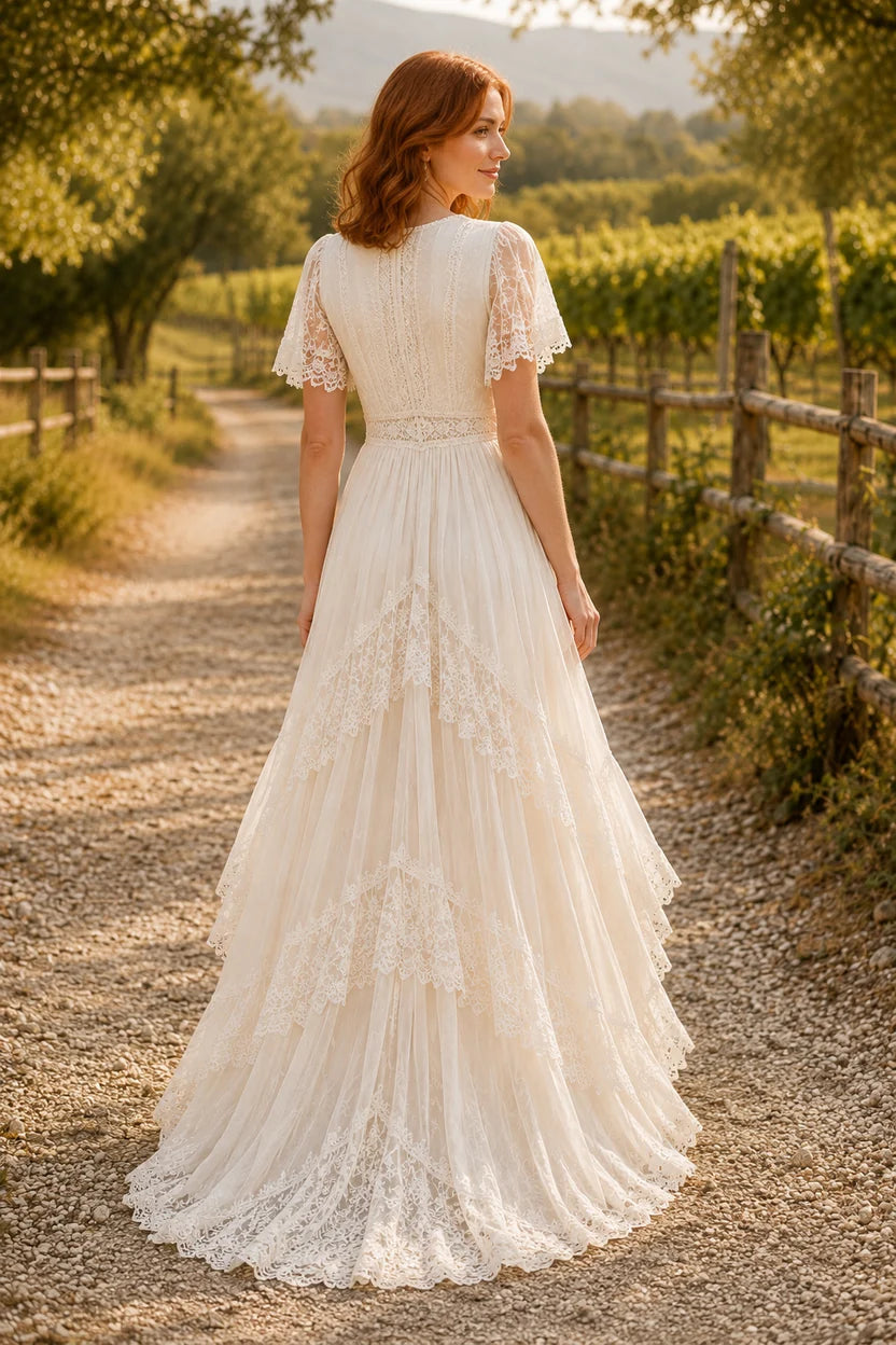 V-Neck Short Sleeves Empire A-Line Chiffon High-Low Lace Ruffle Wedding Dress
