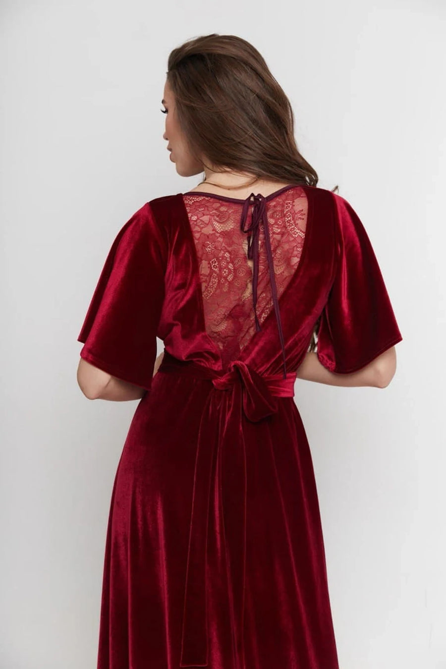 V-Neck Short Sleeves Velvet A-Line Lace Appliques Long Dress