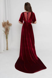 V-Neck Short Sleeves Velvet A-Line Lace Appliques Long Dress