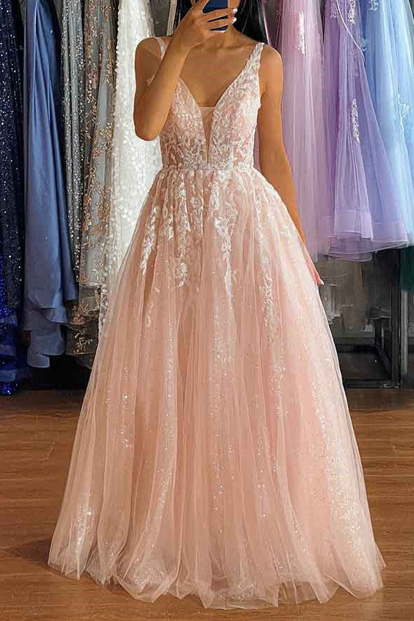 V-Neck Sleeveless A-Line Appliques Party Prom Dress