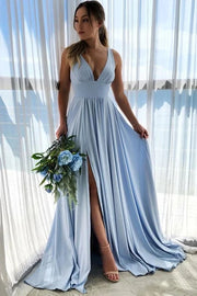 V-Neck Sleeveless A-Line Bridesmaid Dress With Slit