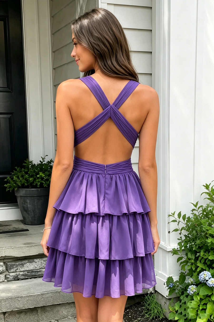 V-Neck Sleeveless A-Line Empire Tiered Cut Out Homecoming Dress