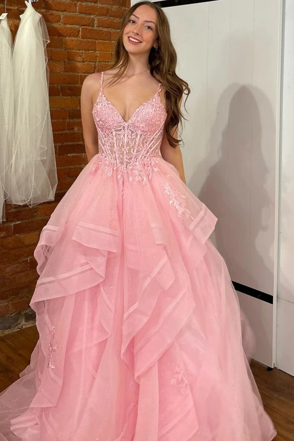 V-Neck Sleeveless A-Line Empire Tiered Tulle Party Prom Dress