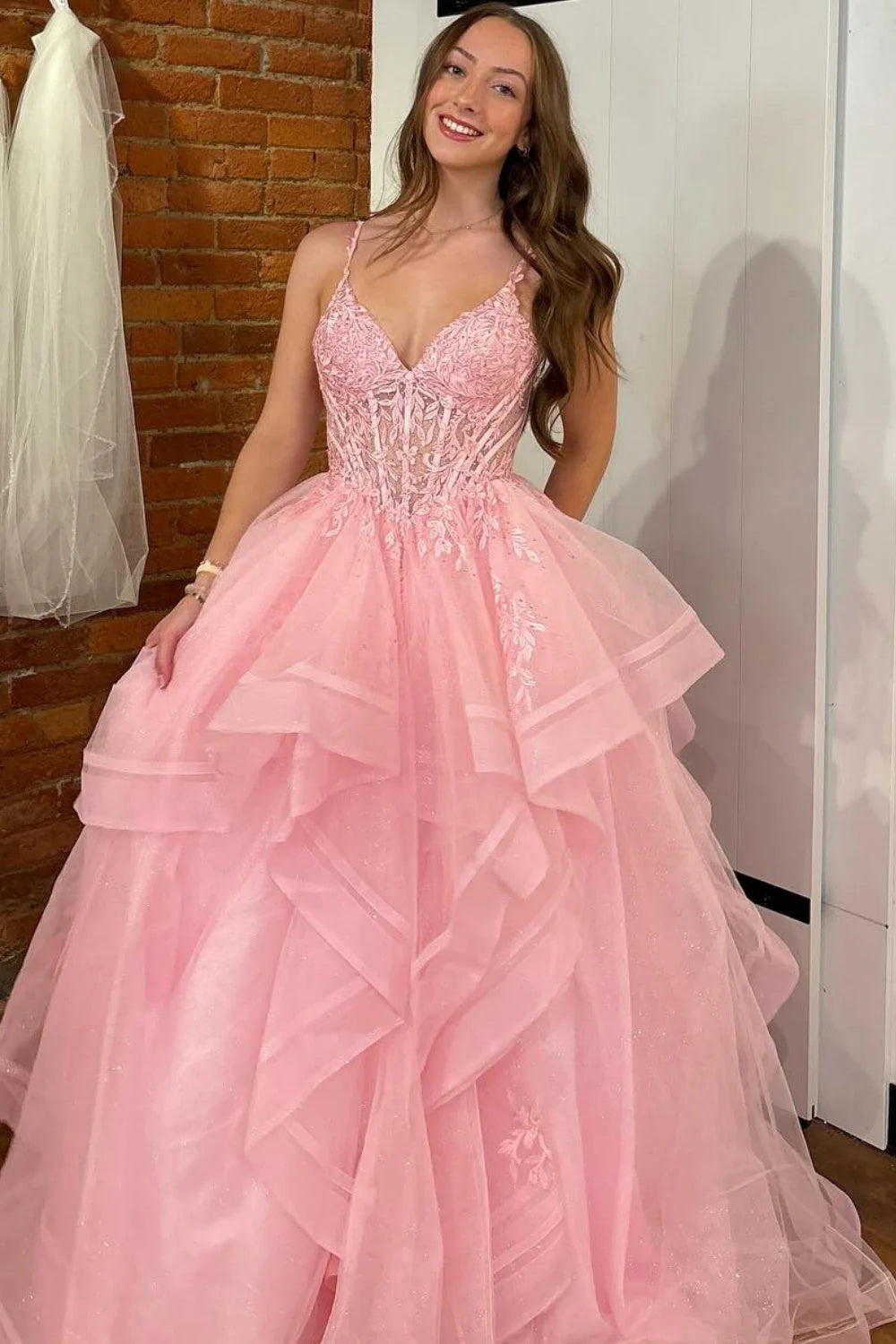 V-Neck Sleeveless A-Line Empire Tiered Tulle Party Prom Dress