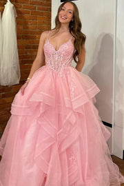 V-Neck Sleeveless A-Line Empire Tiered Tulle Party Prom Dress