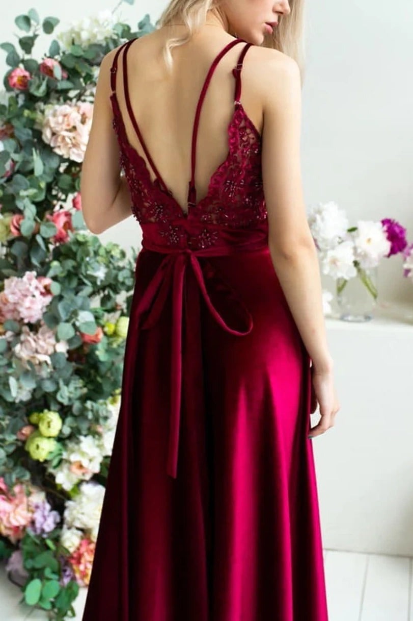 V-Neck Sleeveless A-Line Red Velvet Long Dress