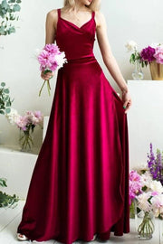 V-Neck Sleeveless A-Line Red Velvet Long Dress