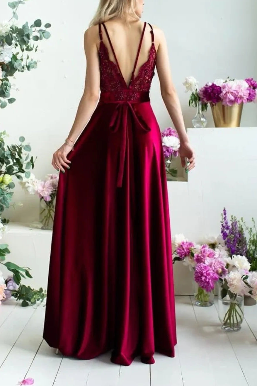 V-Neck Sleeveless A-Line Red Velvet Long Dress