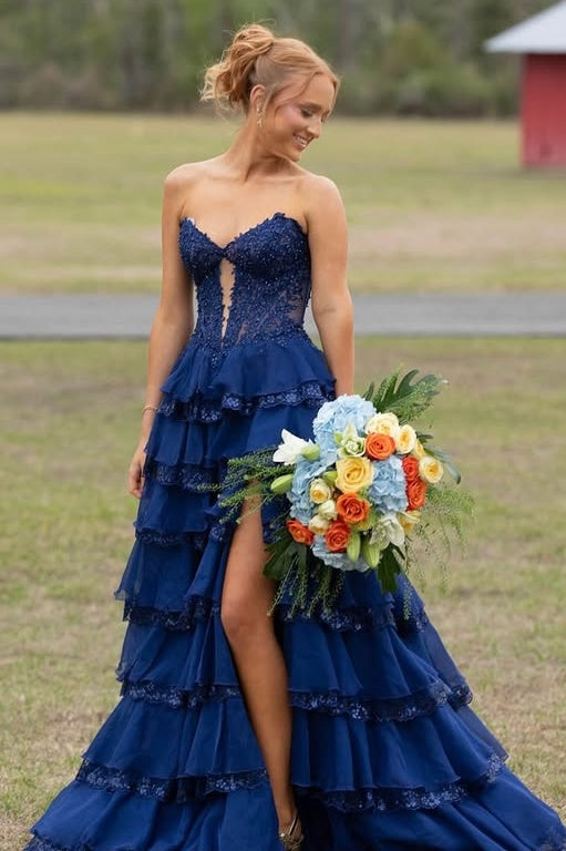 V-Neck Sleeveless A-Line Tiered Party Prom Dress With Leg Slit