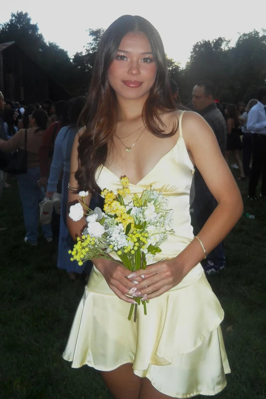 V-Neck Sleeveless A-Line Tiered Satin Party Homecoming Dress