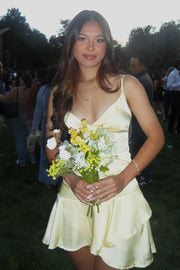 V-Neck Sleeveless A-Line Tiered Satin Party Homecoming Dress