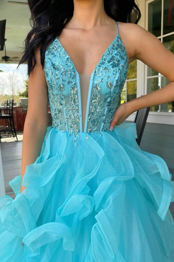 V-Neck Sleeveless Appliques Tulle A-Line Tiered Party Prom Dress