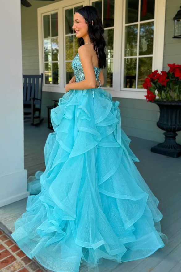V-Neck Sleeveless Appliques Tulle A-Line Tiered Party Prom Dress