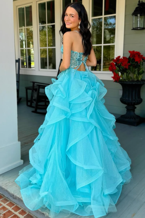 V-Neck Sleeveless Appliques Tulle A-Line Tiered Party Prom Dress