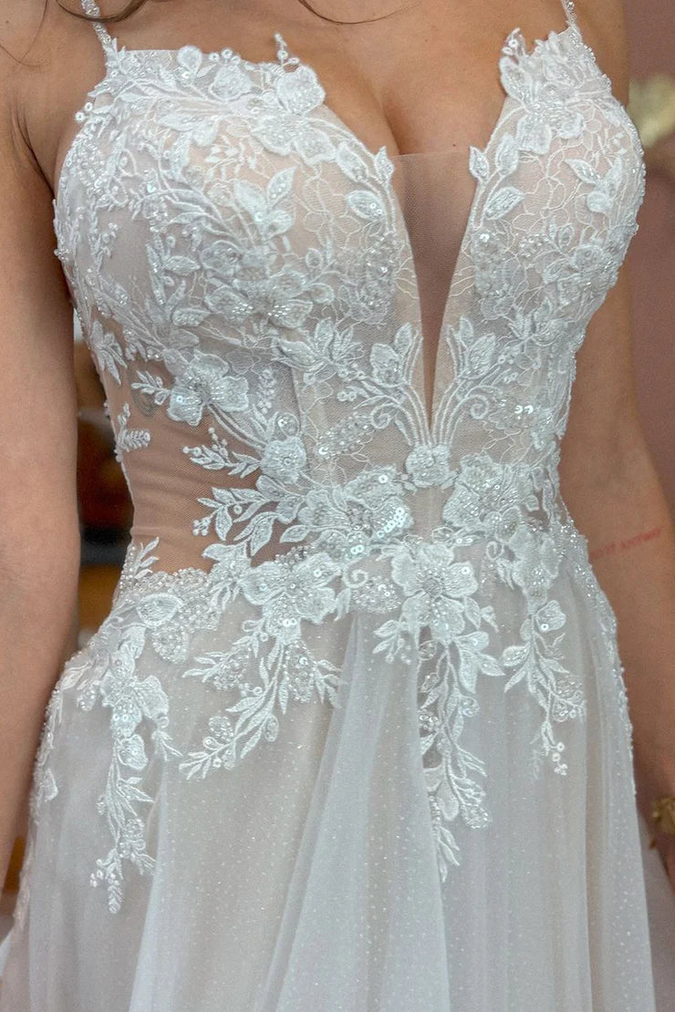a-line sleeveless v-neck floor-length with applique tulle dresses V-Neck Sleeveless Appliques Tulle A-Line Wedding Dress Ivory / US 14