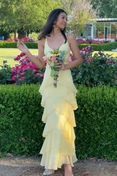 V-Neck Sleeveless Chiffon A-Line Tiered Party Prom Dress