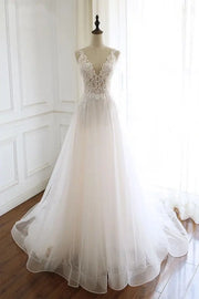 V-Neck Sleeveless Empire Appliques Open Back Wedding Dress