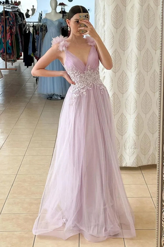 V-Neck Sleeveless Empire Appliques Tulle A-Line Prom Dress