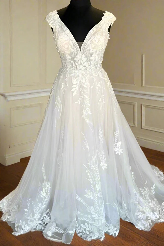 V-Neck Sleeveless Empire Appliques With Tulle Train Long Wedding Dress