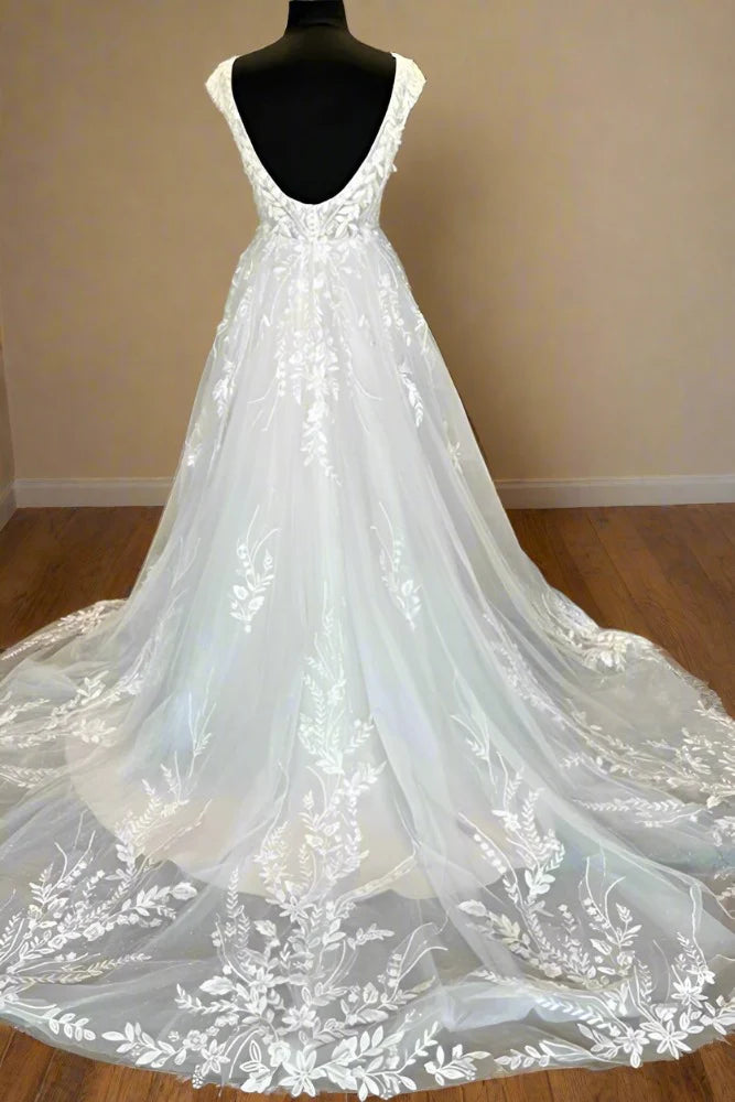 V-Neck Sleeveless Empire Appliques With Tulle Train Long Wedding Dress