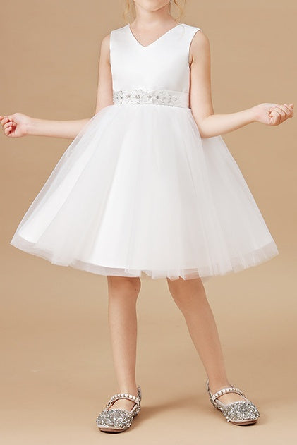 V-Neck Sleeveless Empire Beaded A-Line Flower Girl Dress