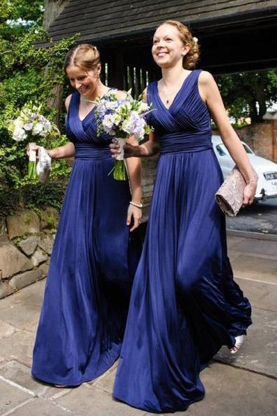 V-Neck Sleeveless Empire Long  Satin Bridesmaid Dress