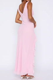 V-Neck Sleeveless Empire Satin Party Prom Dress With Ruffle Slit