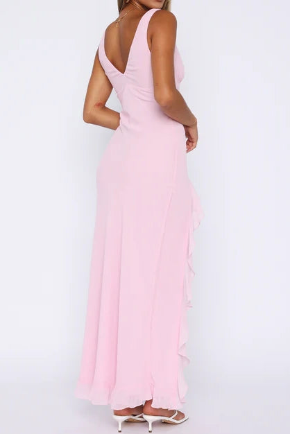 V-Neck Sleeveless Empire Satin Party Prom Dress With Ruffle Slit