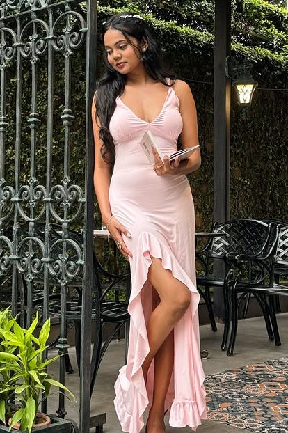 V-Neck Sleeveless Empire Satin Party Prom Dress With Ruffle Slit