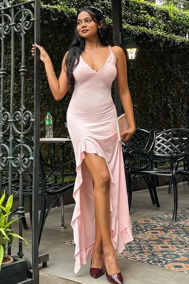 V-Neck Sleeveless Empire Satin Party Prom Dress With Ruffle Slit