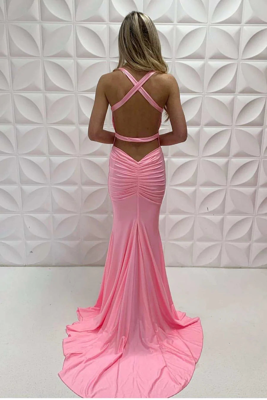 V-Neck Sleeveless Empire Trumpet Satin Prom Dress