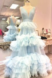 V-Neck Sleeveless Empire Tulle A-Line Tiered Prom Dress