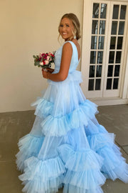 V-Neck Sleeveless Empire Tulle A-Line Tiered Prom Dress