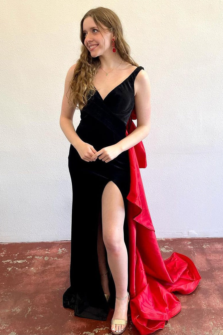 V-Neck Sleeveless Empire Velvet Party Prom Dress With Bow