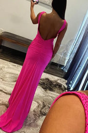 V-Neck Sleeveless Fitted Beaded Open Back Long Prom Dress