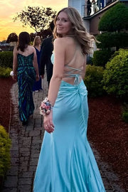 V-Neck Sleeveless Lace-Up Mermaid Appliques Satin Prom Dress