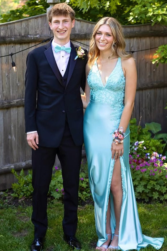 V-Neck Sleeveless Lace-Up Mermaid Appliques Satin Prom Dress