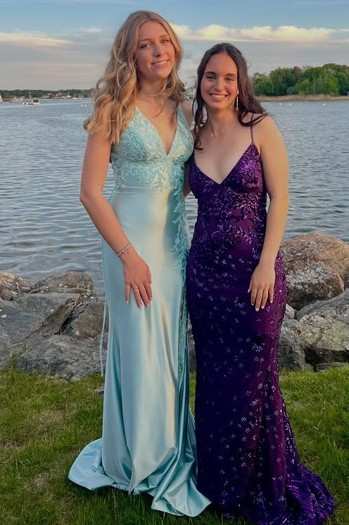 V-Neck Sleeveless Lace-Up Mermaid Appliques Satin Prom Dress
