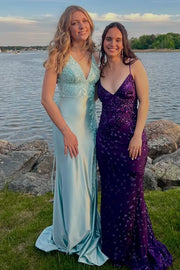 V-Neck Sleeveless Lace-Up Mermaid Appliques Satin Prom Dress