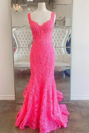 V-Neck Sleeveless Lace Appliques Mermaid Party Prom Dress