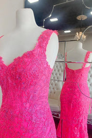 V-Neck Sleeveless Lace Appliques Mermaid Party Prom Dress