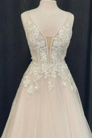 V-Neck Sleeveless Lace Appliques Tulle A-Line Long Wedding Dress