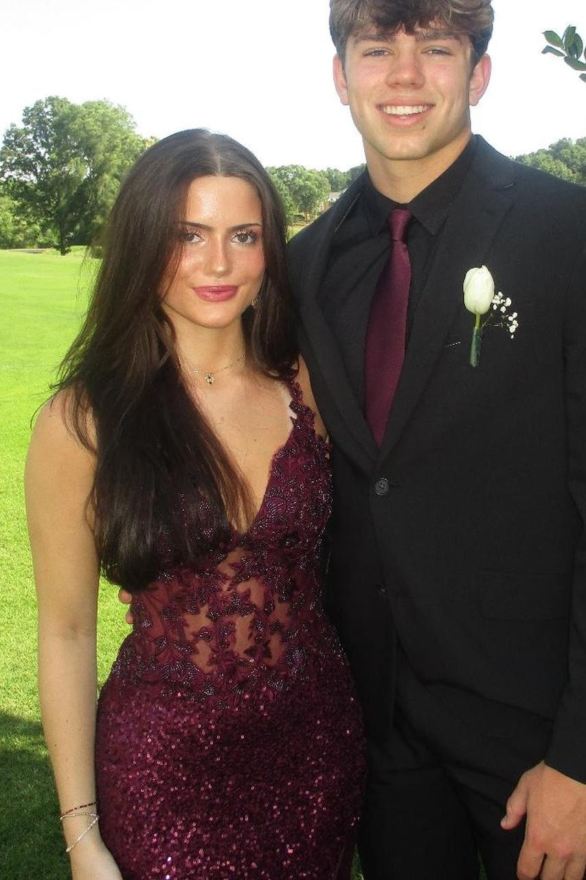 V-Neck Sleeveless Lace Up Mermaid Lace And Sequin Party Prom Dress