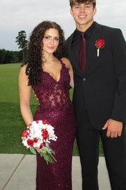 V-Neck Sleeveless Lace Up Mermaid Lace And Sequin Party Prom Dress