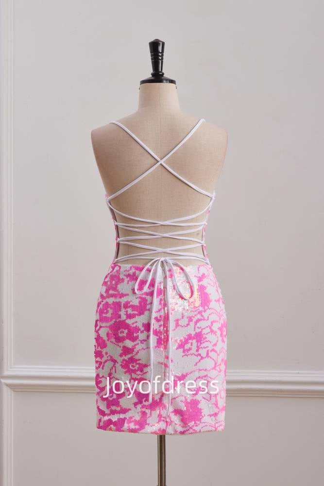 V-Neck Sleeveless Lace Up Sequins Homecoming Dress