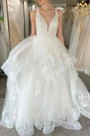 V-Neck Sleeveless Open Back Appliques A-Line Wedding Dress