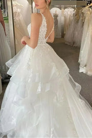 V-Neck Sleeveless Open Back Appliques A-Line Wedding Dress